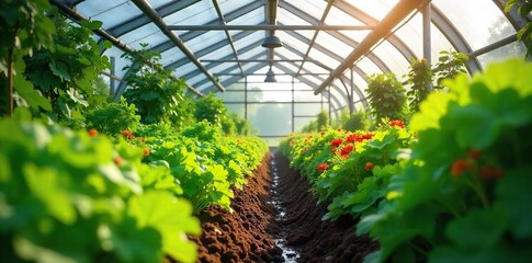 Vibrant Vegetables and Flowers Flourish in a Sunlit Modern Greenhouse Garden