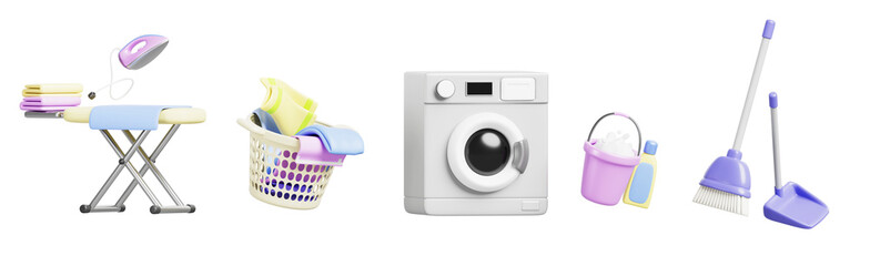Laundry room set with washer, dirty clothes in basket, iron board, clean fold linen stack. Render equipment for house cleaning, detergent bottle, bucket of soap foam, scoop and brush
