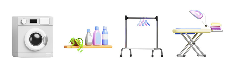 Laundry service equipment for wash and dry clothes. Render cartoon set of washing machine, detergent bottles on shelf, rack with hangers, ironing board with iron and clean towel stack
