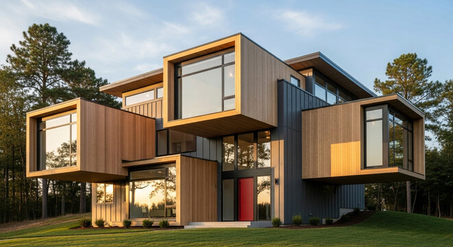 Modern architectural house design with wood and glass exterior in a natural setting for real estate - Powered by Adobe