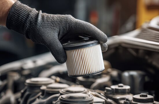 Close-up of a person wearing a glove inspecting a car engine with a filter