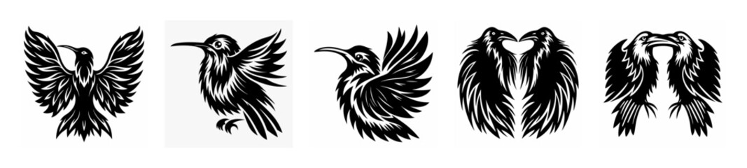Artistic rendering of hummingbirds in flight and perched various poses collection