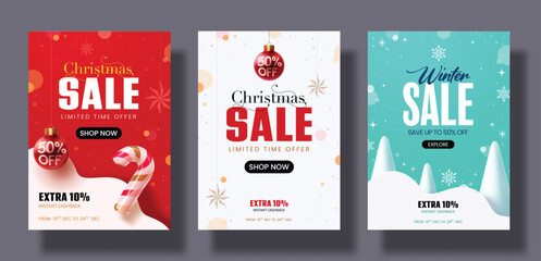 Modern Christmas and winter sale poster set with candy canes, ornaments, and snow backgrounds. Perfect for online shops, banners, digital ads, and seasonal marketing promotions.