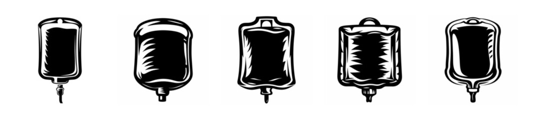Collection of five medical iv bags displayed in a row for healthcare and treatment purposes