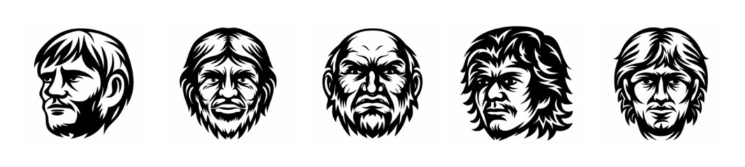 Collection of stylized black and white portraits of men with varied hairstyles and features