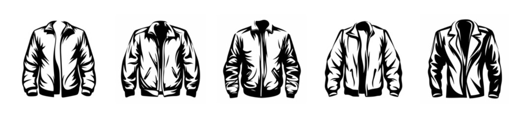 Set of five different black and white sketches of a classic collared jacket with zippers and pockets