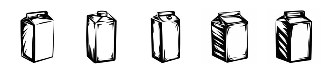 Hand drawn sketch collection of juice boxes or milk cartons displayed in a row