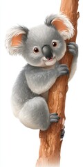 Fototapeta premium Playful Cartoon Koala Hanging on a Tree Trunk: An Adorable Australian Animal Illustration