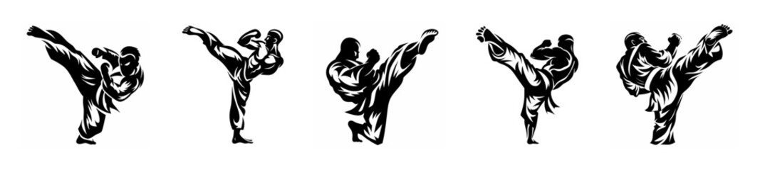 Dynamic karate kicks motion study five figures martial arts action silhouette