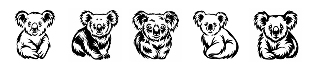 Five adorable black and white koala illustrations displayed in a row with subtle variations