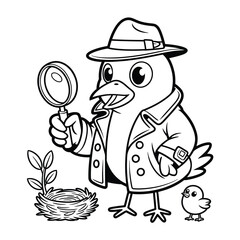 Cute cartoon bird detective with magnifying glass and chick