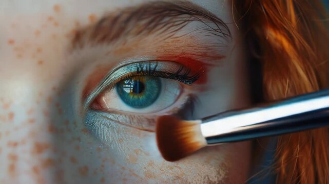 A close-up  of a person's eye with vibrant makeup, featuring a blue and orange eye shadow look. The brush in the foreground suggests application.