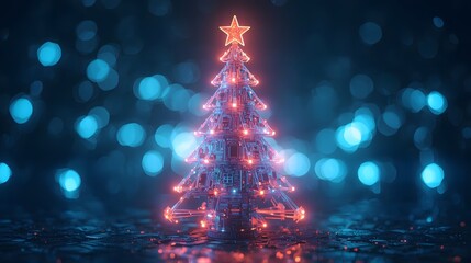 A futuristic Christmas tree constructed from circuit boards glows with digital holiday cheer. Festive.