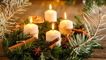 Adventskranz mit brennenden Kerzen auf Holztisch