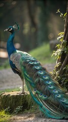 Naklejka premium Majestic peacock displays vibrant plumage in lush green outdoor setting illustration