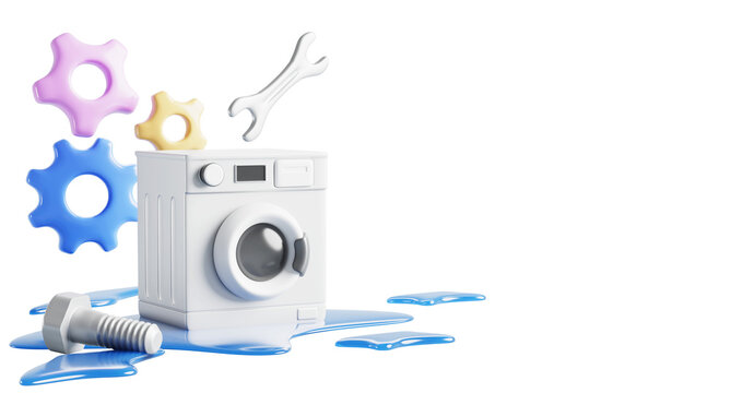Washing machine repair service ad banner. Broken washer with liquid water puddle on floor, bolt, wrench, gears on blue background. Laundry equipment fixing, emergency repair work home