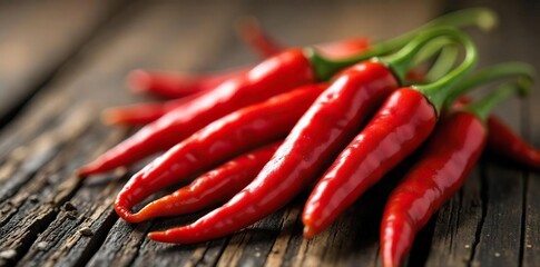 Vibrant Red Chili Peppers A Spicy Pile on Rustic Wood, Perfect for Culinary Blogs and Food Photography