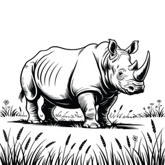 Detailed black and white sketch of a rhinoceros in tall grass