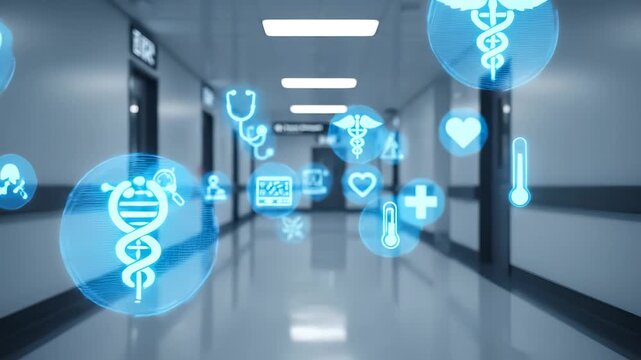 Digital icons float along a hospital corridor, where hospital signs and icons emphasize hospital importance. The corridor reflects the icons, which signify technology's role.