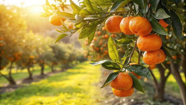 Mandarins tree in garden, Mandarin tree in natural warm sunlight background