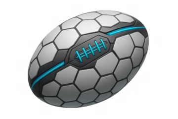 Futuristic rugby ball with hexagonal design and blue accents