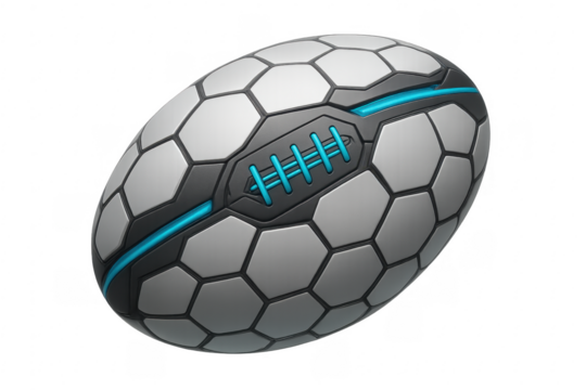 Futuristic rugby ball with hexagonal design and blue accents