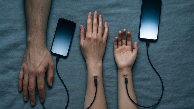 Conceptual image of family addicted to smartphone and social media internet