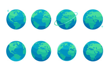 Vibrant Earth Icons. Global sphere flat icon set. stylized earth, blue orb, planet with light, star circle, rotating sphere, earth horizon, cosmic glow, detailed continents.
