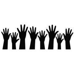 Obraz premium Silhouette of multiple raised hands reaching upwards against a white background
