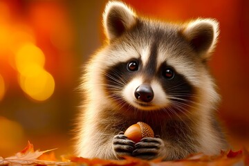 Obraz premium Raccoon Holds an Acorn Amid Colorful Autumn Leaves in a Forest
