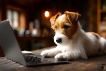 Small Dog Exploring a Laptop on a Desk in a Cozy Room Setting