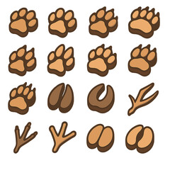 Obraz premium Animal Track Icons. Animal tracks isometric set. dog paw, cat paw, wolf paw, bear paw, fox paw, rabbit paw, tiger paw, lion paw, raccoon paw, deer hoof, horse hoof, bird claw
