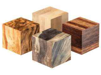 Four wooden cubes, various wood grains
