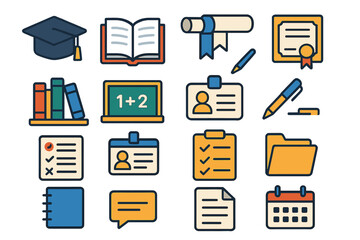 Academic Icon Collection. Academic Reference flat icon set. graduation cap, open book, scroll, certificate, library, chalkboard, student profile, pen, exam sheet, ID card, task