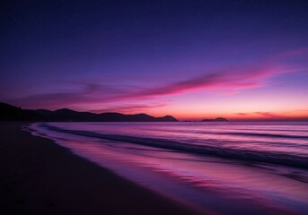 Fototapeta premium Vibrant purple and pink sunset over a serene ocean beach landscape illustration