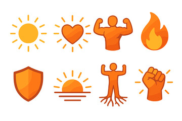 Isometric Strength Icons. Strength within isometric set. glowing center, heart with rays, strong posture, rising flame, shielded icon, sun horizon, rooted figure, fist with glow.
