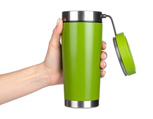 Stylish green travel mug mockup with silver rim, hand holding it, realistic lighting, white background display.