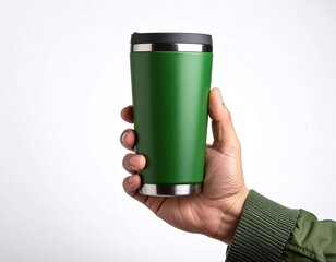 Green tumbler mockup in hand, stainless rim, clean minimal style, blank space for design, isolated white background.