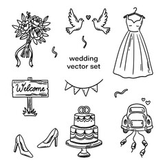 Collection of hand drawn wedding elements. Art for greeting cards, wedding invitations, poster design, flyers, branding, logo design, backgrounds