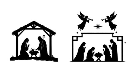 Christmas scene. Vector silhouette of traditional Christian symbols of the holy night. Family holidays. Sacred elements for holiday cards.