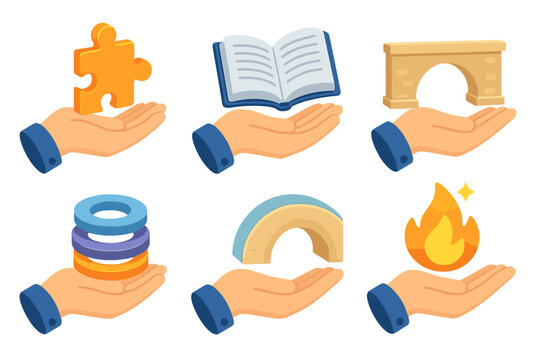Isometric Support Icons. Support hand isometric set. extended hand, puzzle piece, open book, bridge arch, layered rings, glowing flame