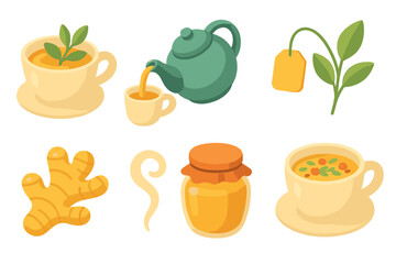Isometric Tea Icon Set. Soothing brew isometric set. teacup with herbs, teapot pouring, tea bag tag, leafy sprig, ginger root, steam swirl, honey jar, herbal blend cup.
