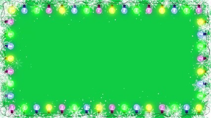 colorful string lights and snowflakes border frame, new year and christmas light green screen animation, chroma key winter holiday and birthday party celebration motion design element - Powered by Adobe