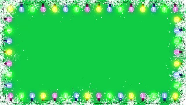 colorful string lights and snowflakes border frame, new year and christmas light green screen animation, chroma key winter holiday and birthday party celebration motion design element	