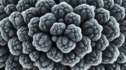 Detailed close-up view of numerous tightly packed fungal or mold spores in a scanning electron micrograph (SEM), showcasing an abstract and intricate microscopic pattern