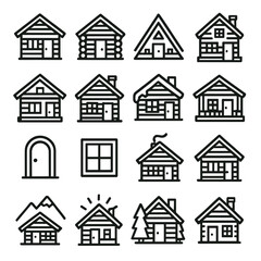 Fototapeta premium Rustic Cabin Icons. Cabin outline icons. wooden cabin, log cabin, A-frame cabin, cottage, chalet, cabin with chimney, snowy roof, cabin with porch, cabin door, cabin window, cabin