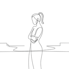 Minimalist line drawing of a woman with arms crossed looking away