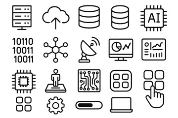 Digital Network Icons. Digital Infrastructure outline set. server, cloud, database, AI chip, binary code, network nodes, satellite dish, dashboard, microchip, hologram, circuit
