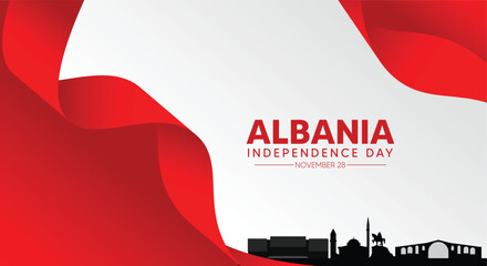 Albania Independence Day celebration with red flag wave and city landmark