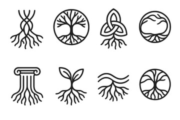 Symbolic Roots Icons. Symbolic roots outline set. intertwined roots, family tree, balance knot, unity circle, strength pillar, growth sprout, harmony wave, eternal roots.